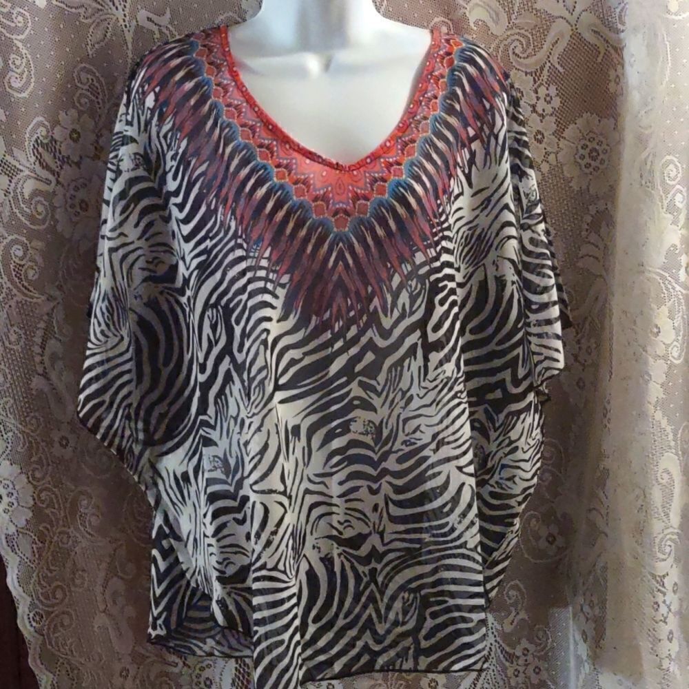 New‎ Women's size L top Boho sheer black white red zebra animal feather print
